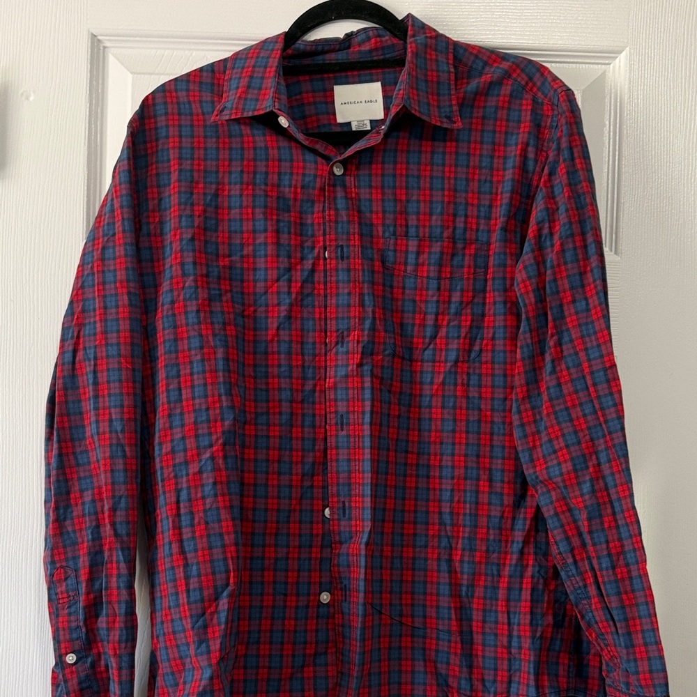 American Eagle Outfitters Red and Blue Plaid Button-Down Shirt